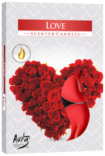 A box of Love scented candles featuring a design with red roses and a heart-shaped arrangement on the front.