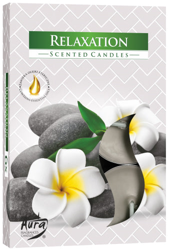 A box of six scented tealights called 'Relaxation', featuring a design with rocks and flowers on the cover.