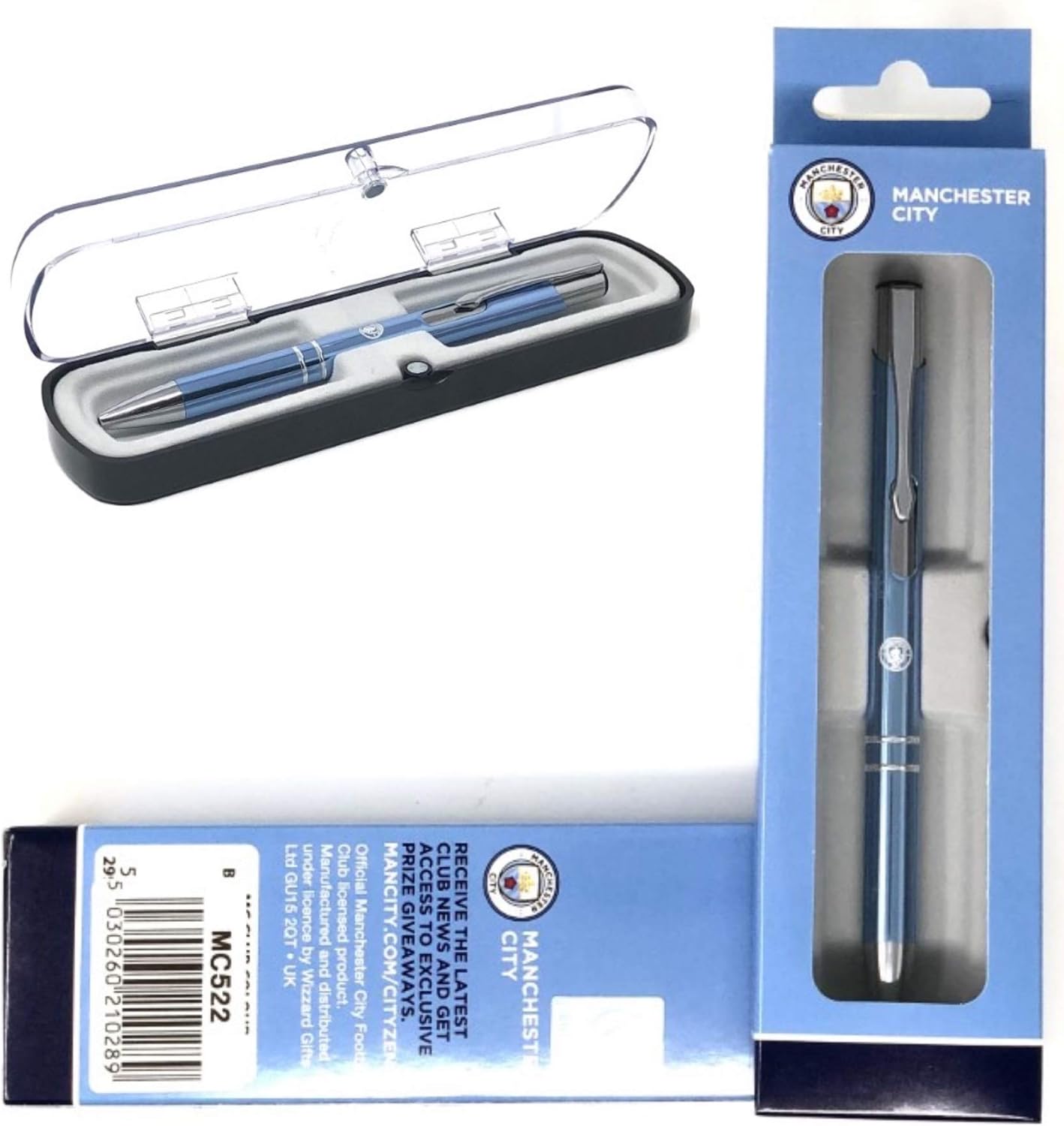Manchester City F.C. Executive Chrome Ballpoint Pen in a clear plastic presentation gift box, with team crest.