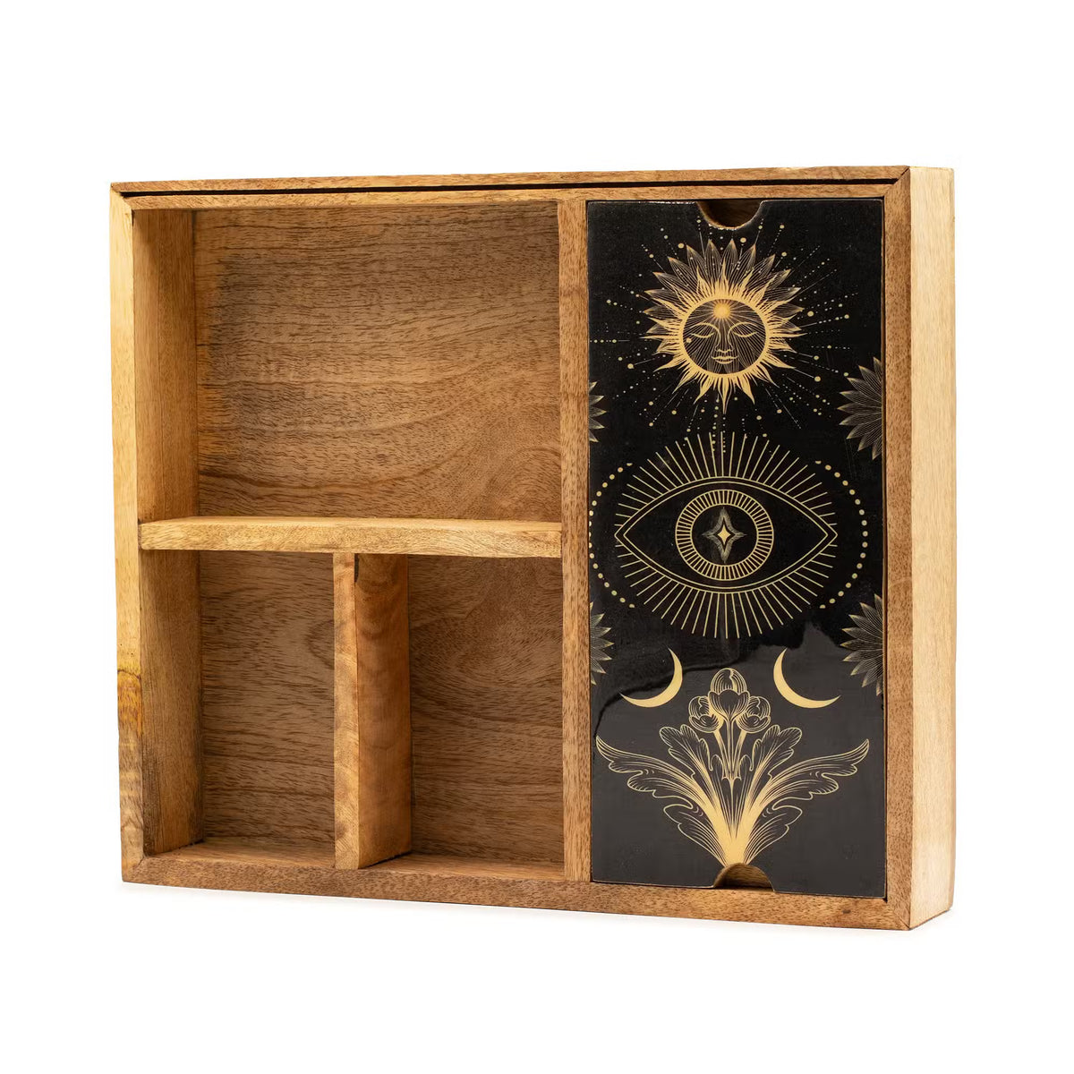 Wooden box with geometric designs on a black background