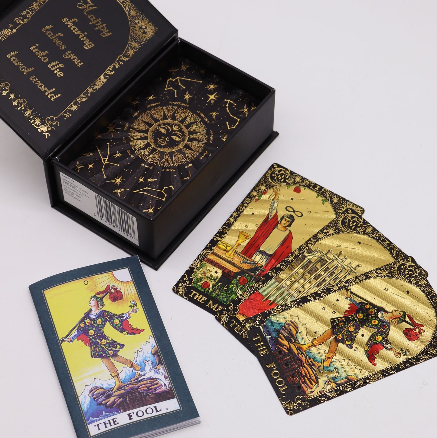 Black box with gold mystic sign and 4 up turned cards on a whit background