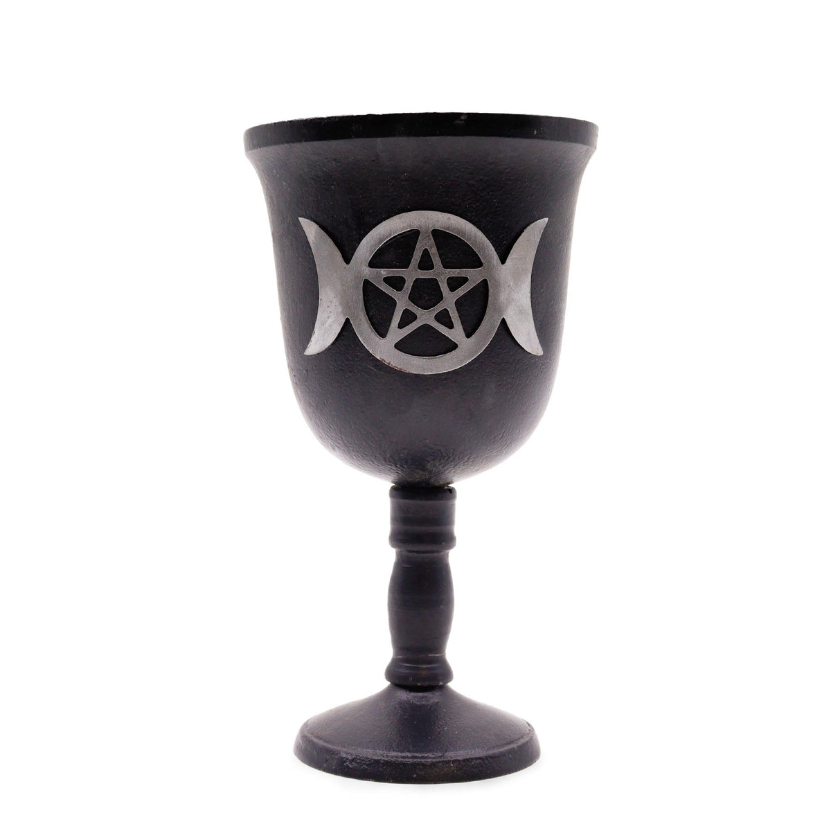 Black goblet with a silver pentacle and moon phases design on a white background