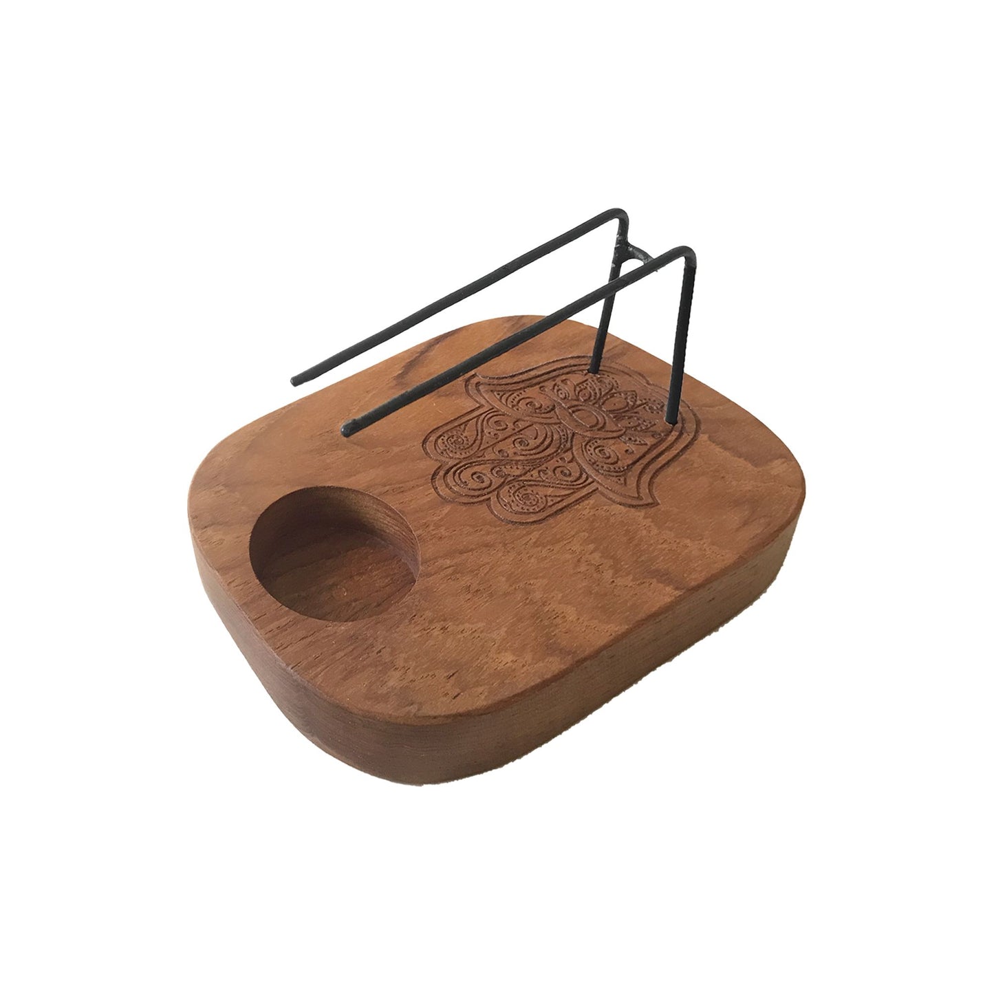 Hamsa design Palo Santo Heater. Palo Santo Heaters are handcrafted from premium teak wood in Indonesia with metal supports for a smudge stick and an indentation for a tea light