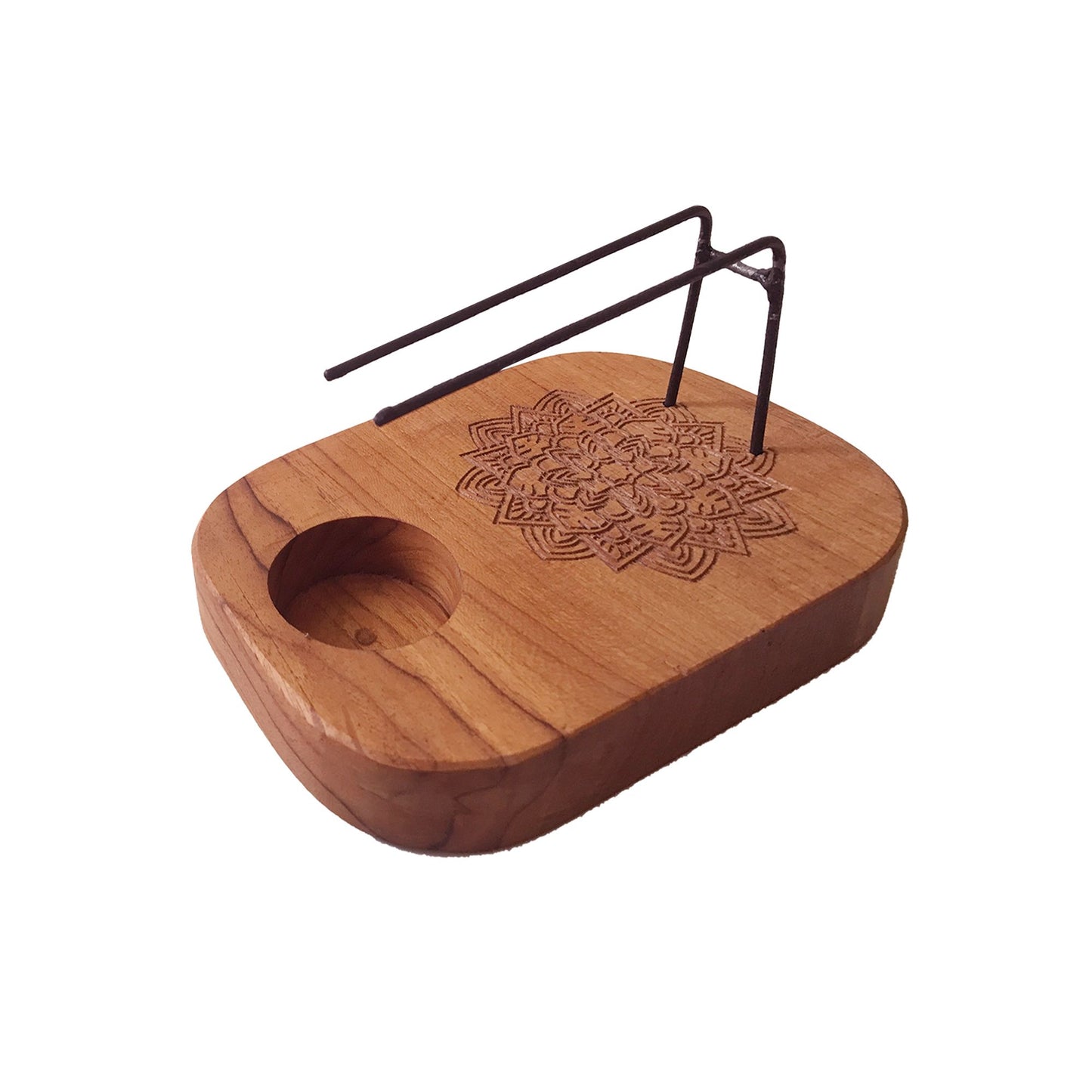 Mandala design Palo Santo Heater, handcrafted from premium teak wood in Indonesia with metal supports for a smudge stick and an indentation for a tea light