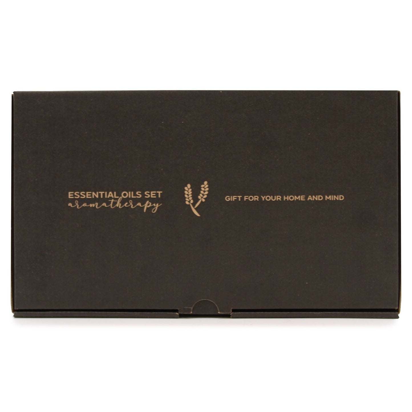 Black box with gold text and logo for essential oils set on a white background