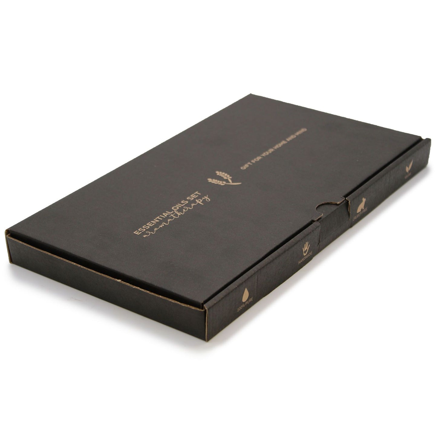 Black rectangular box for essential oils with gold text and logo on a white background