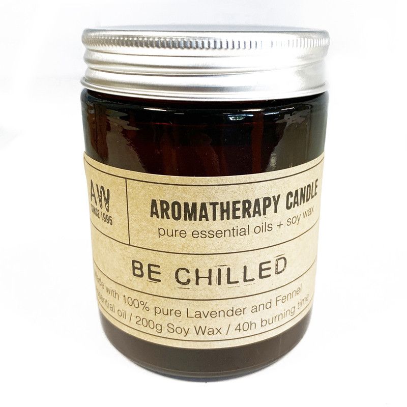 Aromatherapy candle labeled 'Be Chilled' with a white background