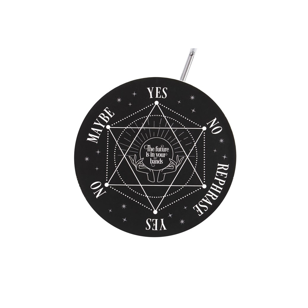 Black and white fortune teller card with text and symbols on a white background
