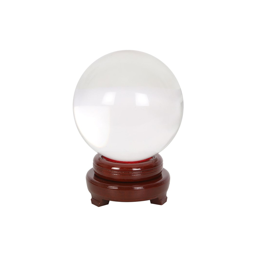 Clear crystal ball on a wooden stand against a white background