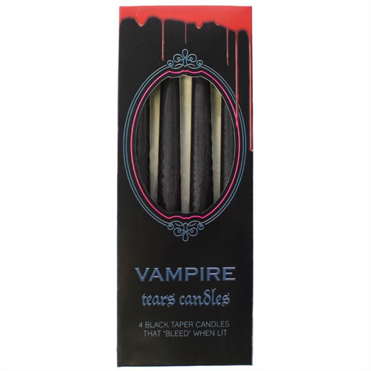 Packaging of 'Vampire Tears Candles' with black candles inside on a white background