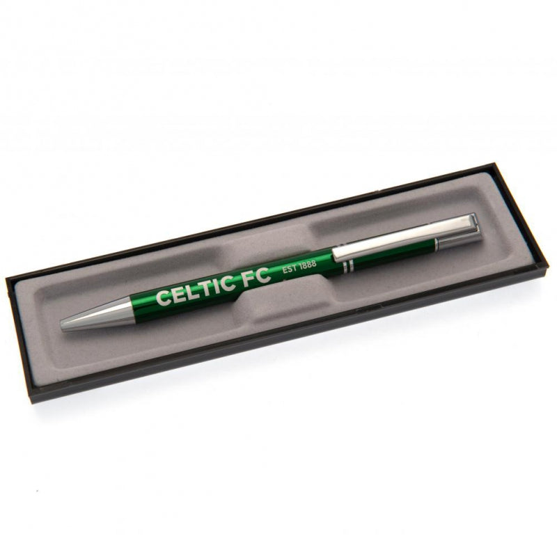 Green pen with silver accents in a black box, featuring Celtic FC branding.