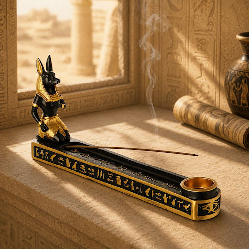 An Egyptian-themed incense holder and figurine set on a stone shelf, featuring a black and gold Anubis statue and a matching rectangular tray with hieroglyphic details and a smoking incense stick.