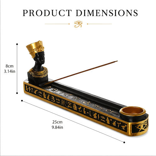 Product dimensions diagram of an Egyptian-themed incense holder with a black and gold bust, a long tray with hieroglyphic details, and an incense stick, showing measurements of 25cm by 8cm on a white background.