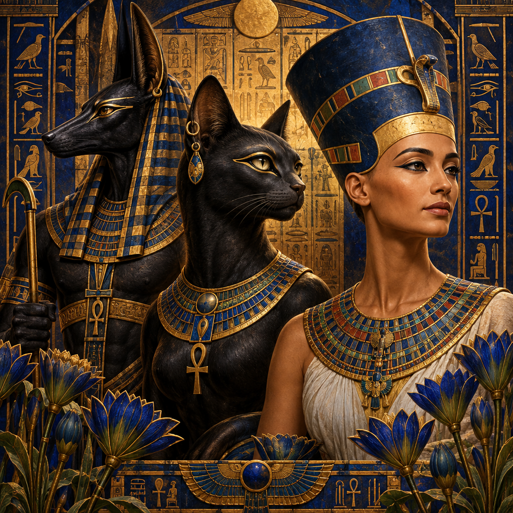 Egyptian-themed artwork featuring a black cat and a canine-headed deity adorned with blue and gold jewelry, alongside a woman in a blue and gold pharaoh-style headdress and collar, set against an hieroglyphic wall with blue flowers in the foreground.