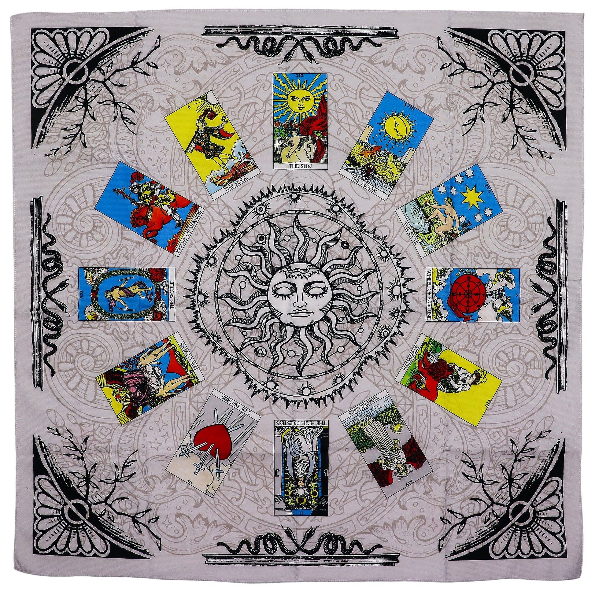 Tree of Life Tarot Cloth shwin tarot cards on a grey background