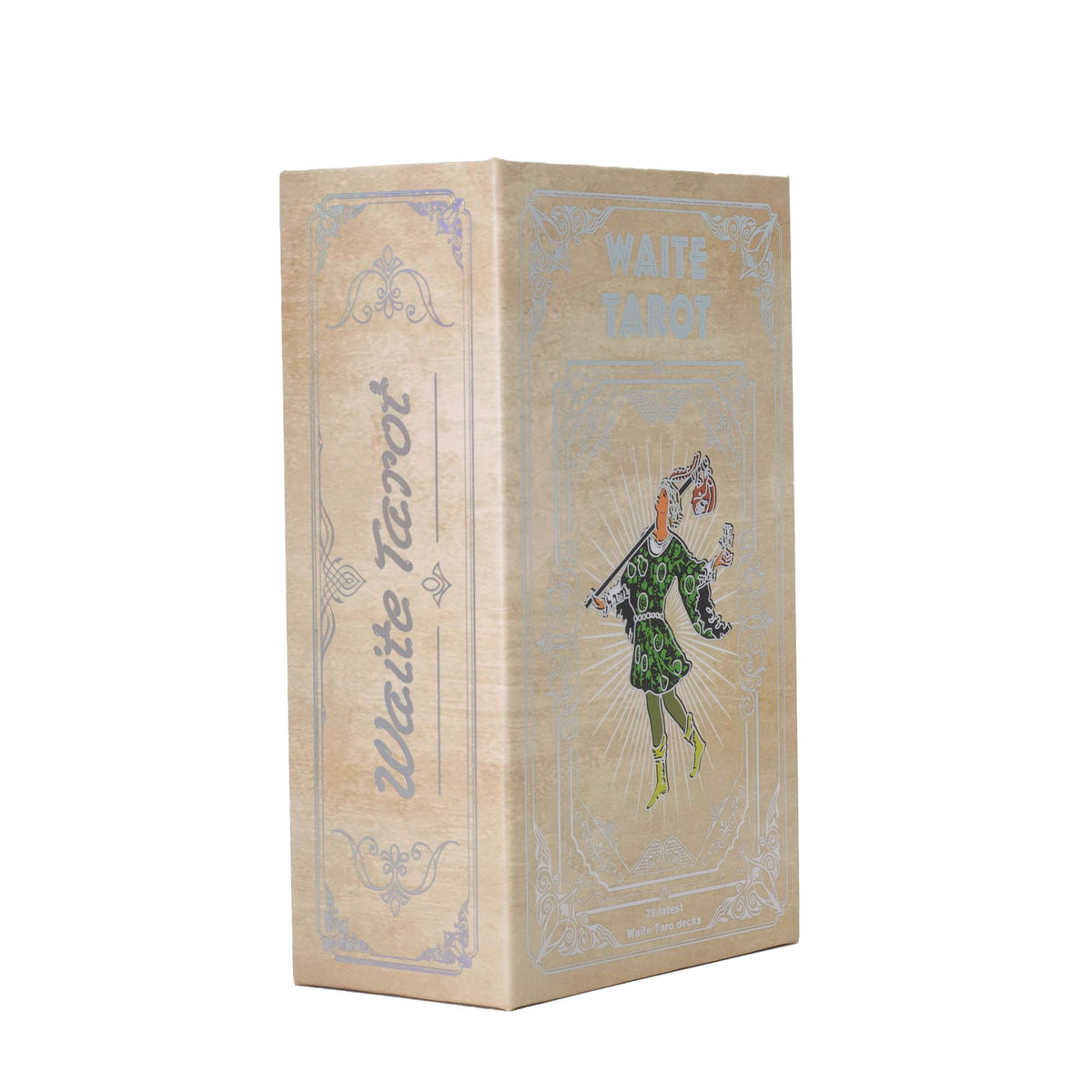 A Waite Tarot deck box shown at a three-quarter angle on a plain white background. The box is a light tan/beige color with ornate light blue border designs and an illustration of a tarot card featuring a green-clad figure.