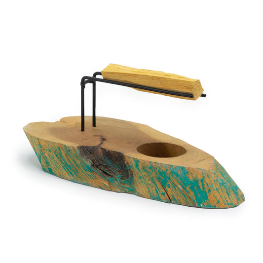  Palo Santo Heaters, handcrafted  from Greenwas Gamel Woodwith metal support supporting a Palo Santo stick and an indentation for a tea light in the base