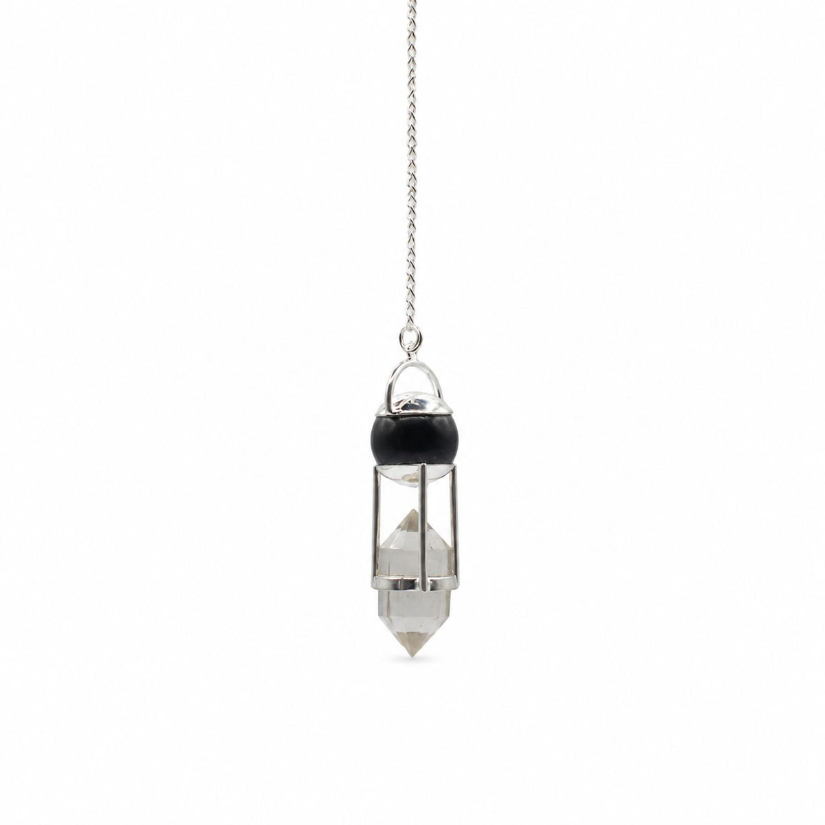A silver-toned crystal pendant necklace featuring a double-pointed clear quartz point suspended in a cage, with a polished black bead accent and a delicate silver chain, shown against a plain white background.