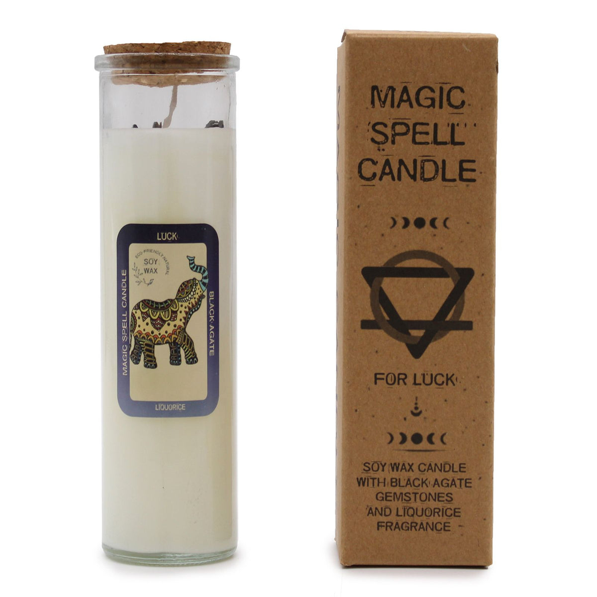 Magic spell candle for luck with packaging on a white background