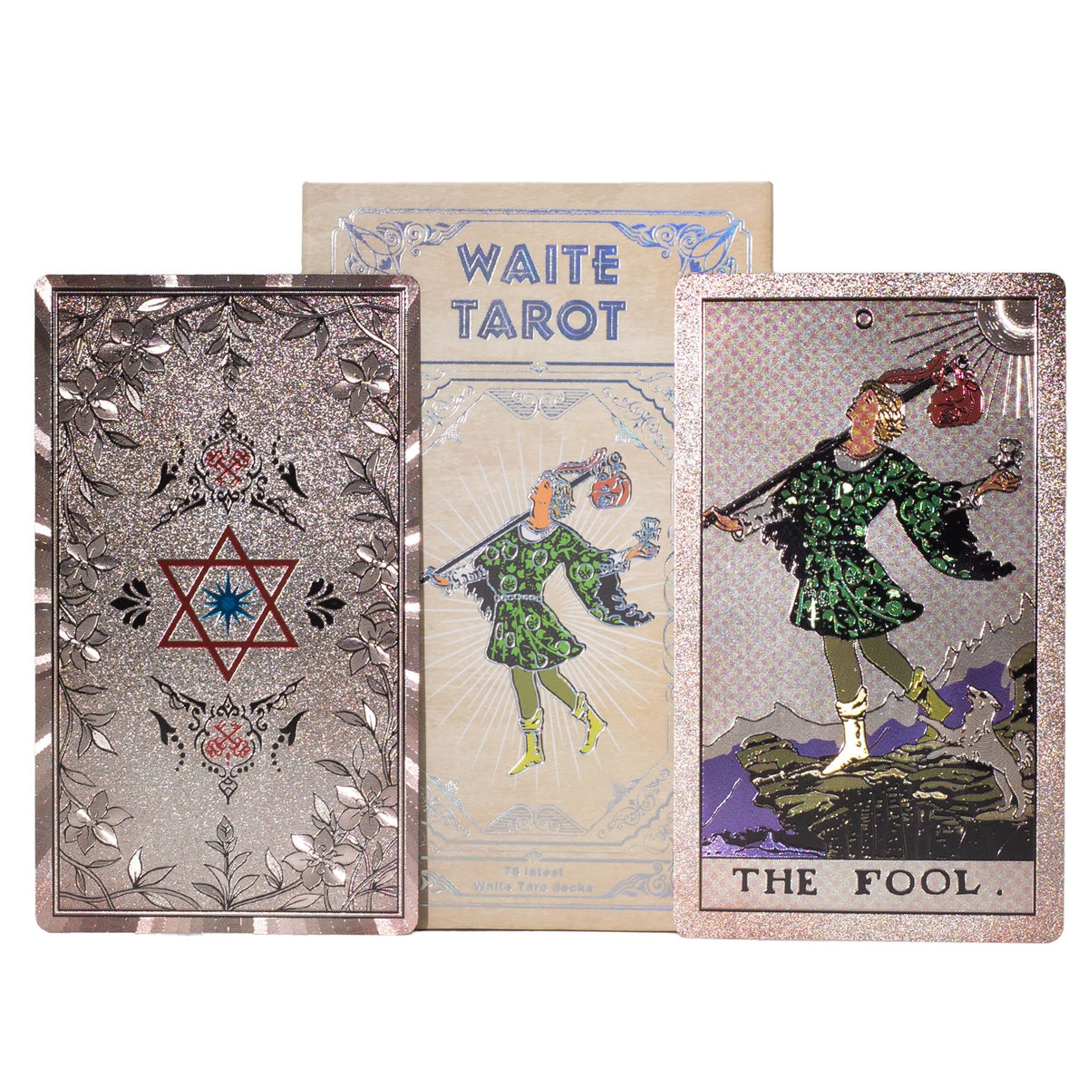 A foil-covered tarot deck set displayed against a white background, showing the back of a card with a silver Star of David, the card box labeled 'WAITE TAROT,' and a front tarot card titled 'THE FOOL.'.