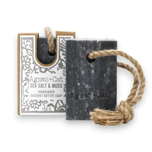 Salt Sea & Moss soap bar with rope and Agnes & Cat packaging on a white background