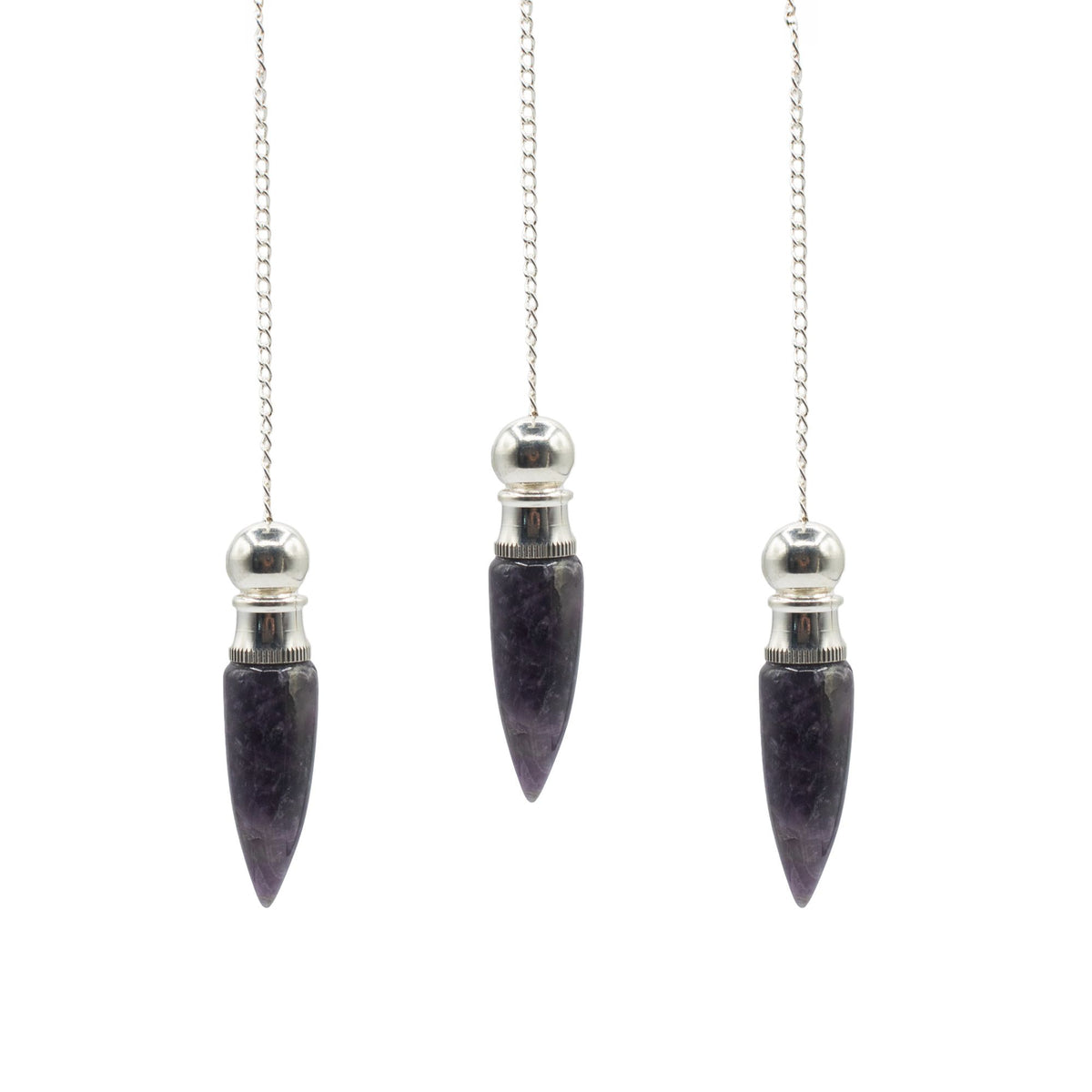 Three black stone pendant necklaces with silver tops on a white background