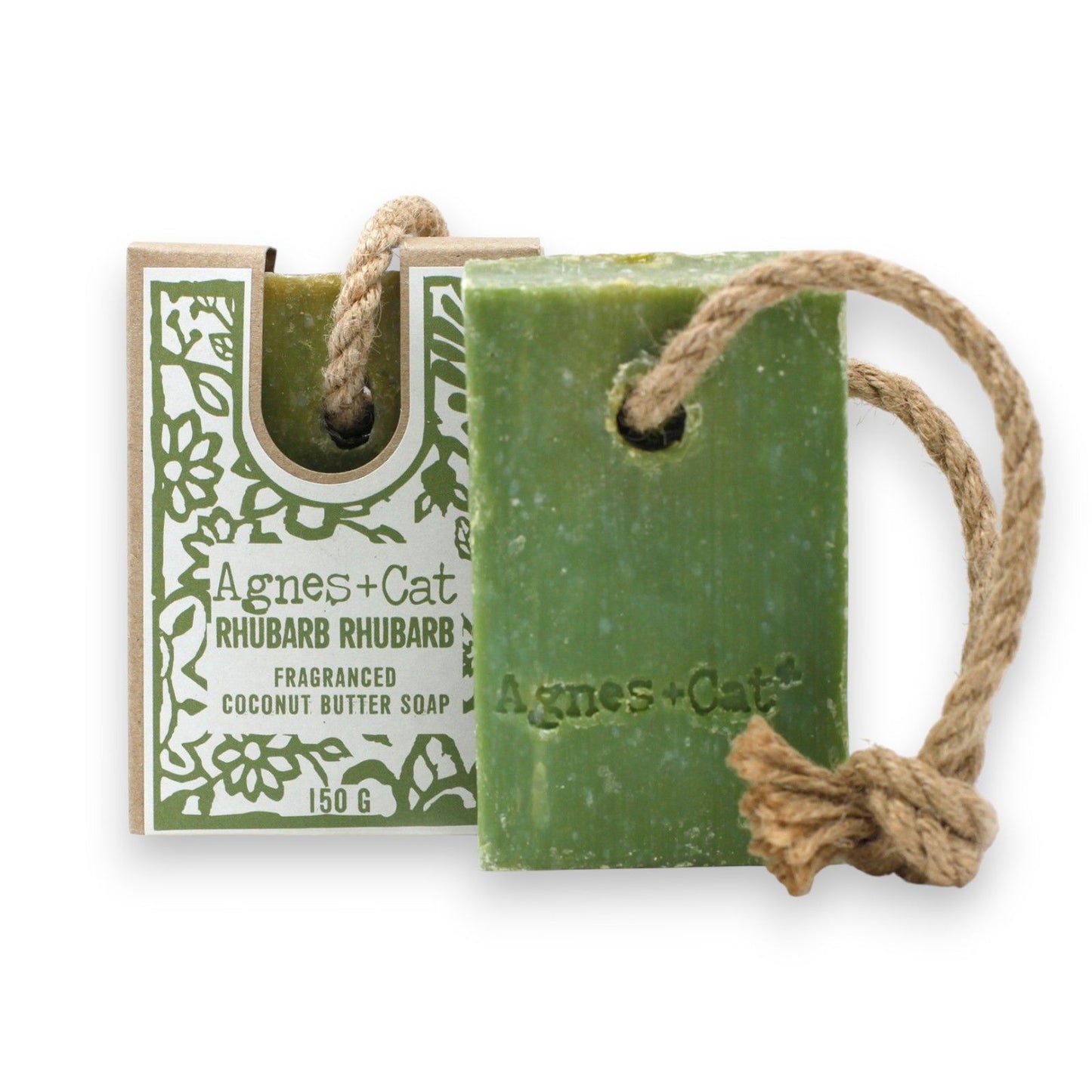 "Rhubarb Rhubarb" Green soap bar with a rope and packaging labeled 'Agnes + Cat' on a white background
