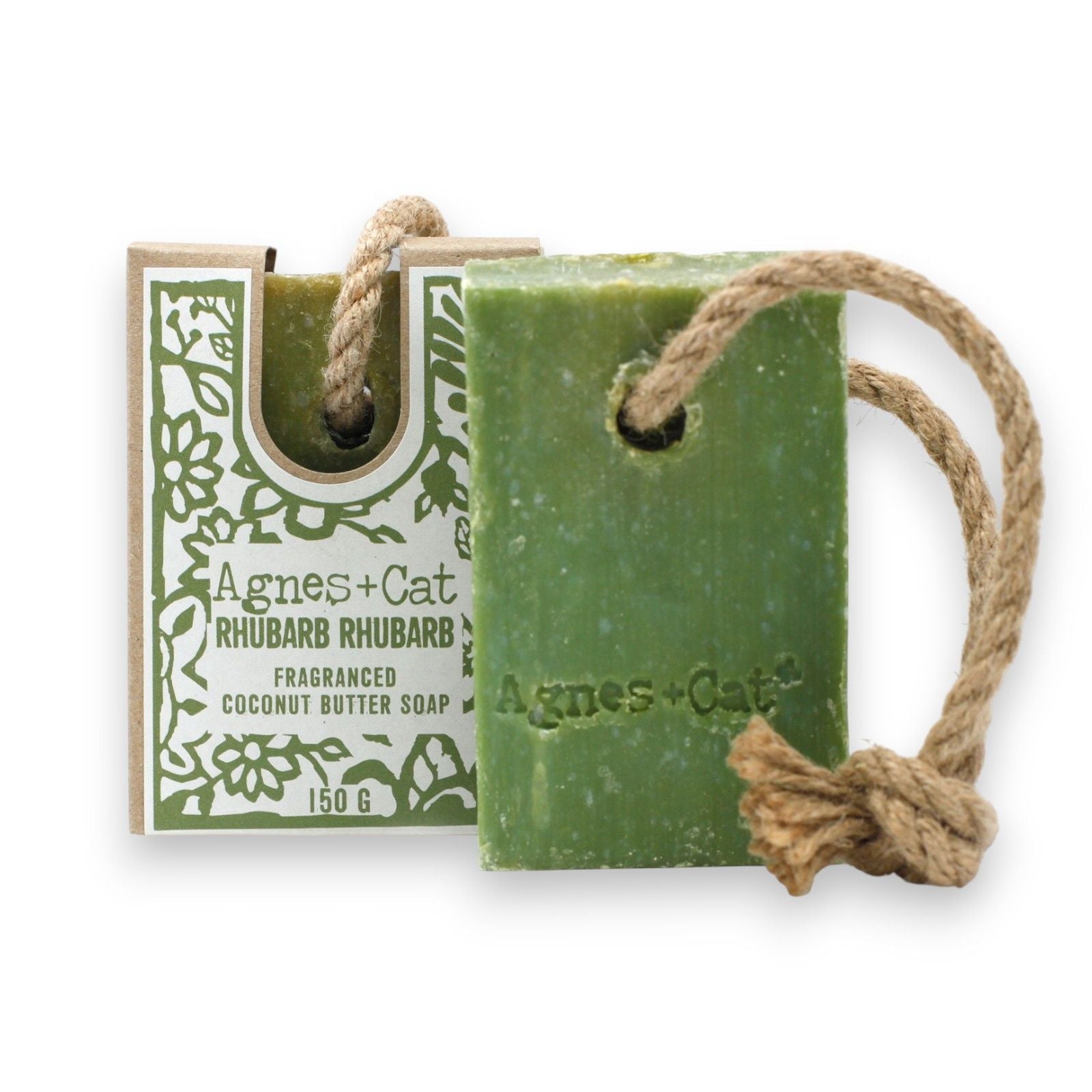 "Rhubarb Rhubarb" Green soap bar with a rope and packaging labeled 'Agnes + Cat' on a white background