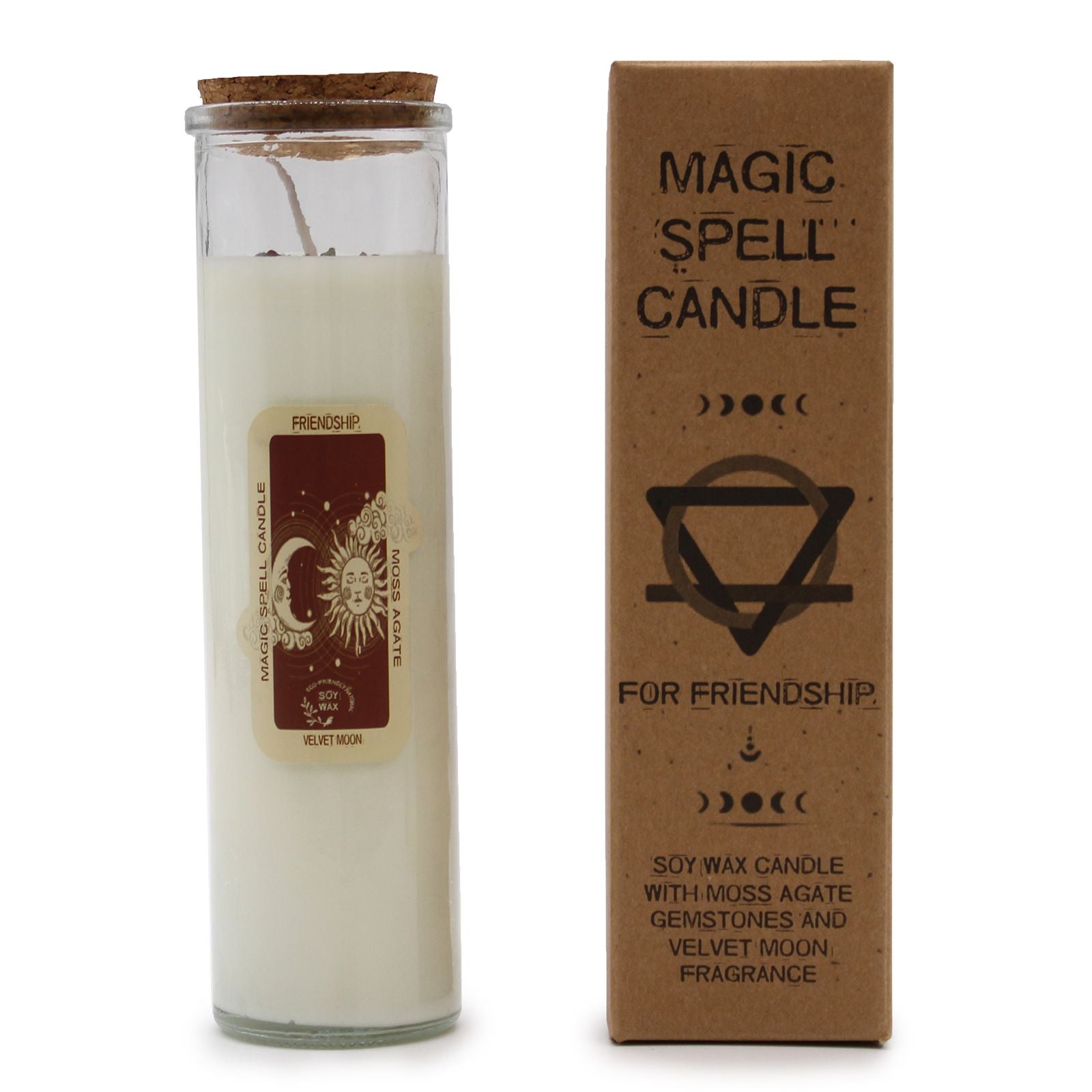 Magic spell candle in a glass jar with a cork lid and its packaging on a white background