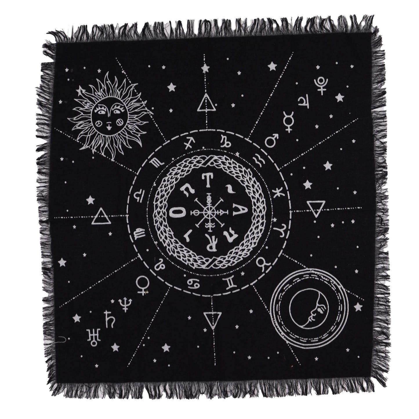 Black throw blanket with white symbols and fringes on a white background