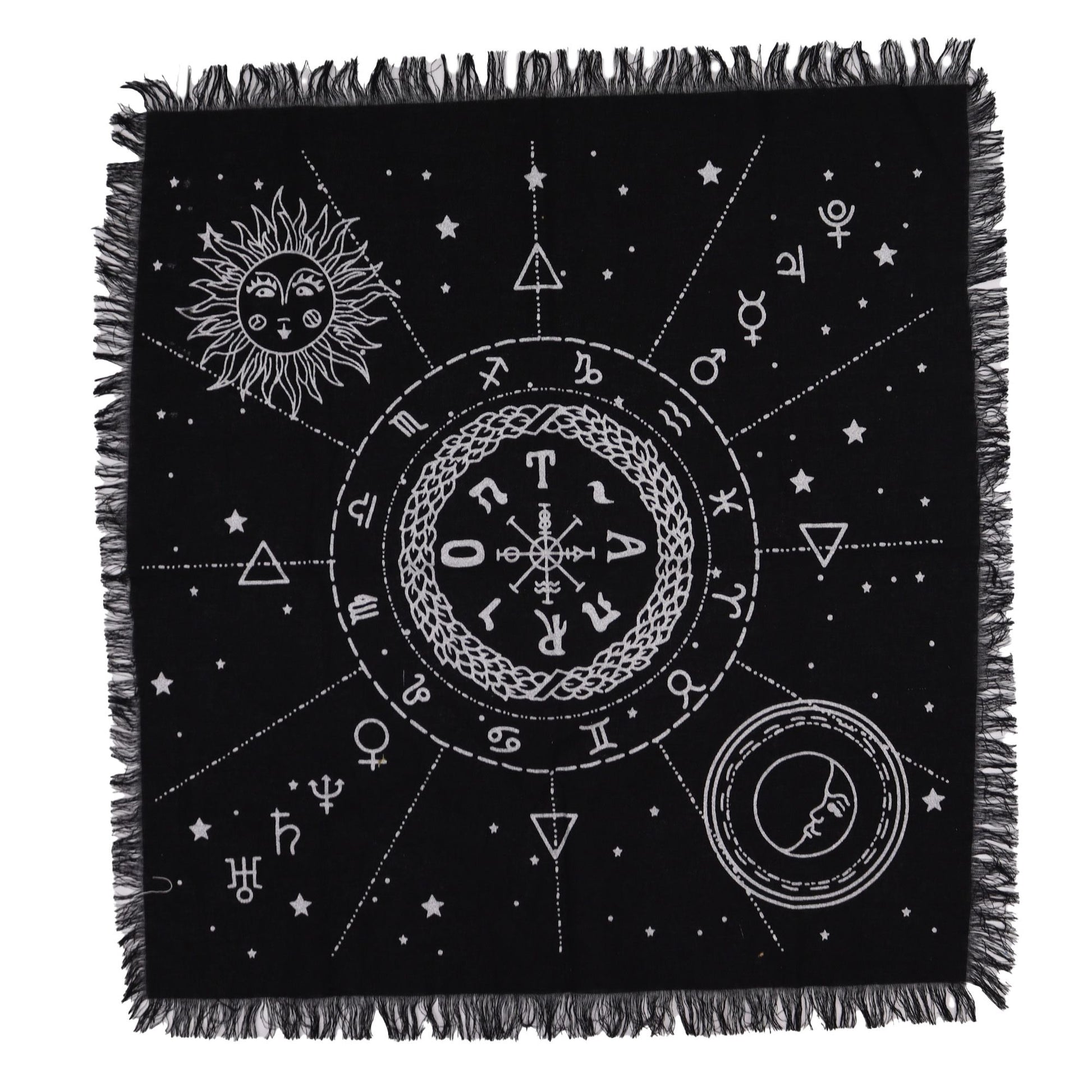 Black throw blanket with white symbols and fringes on a white background