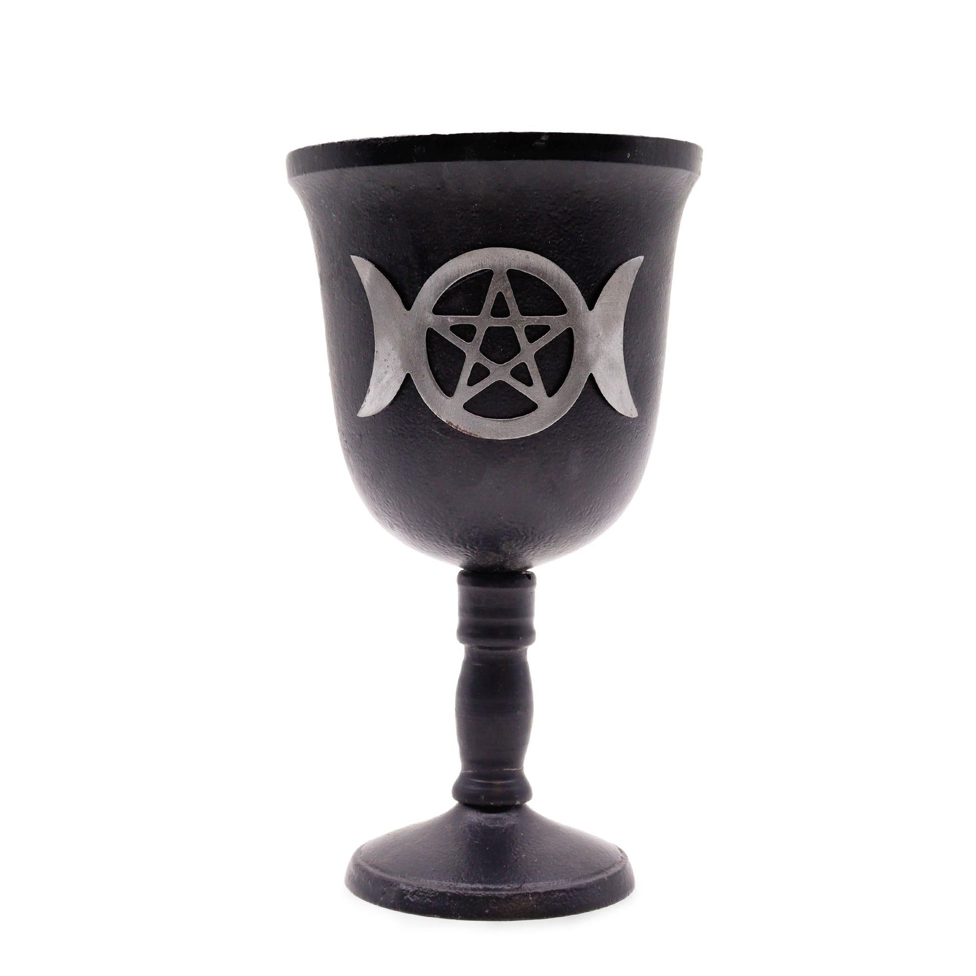 Black goblet with a silver pentacle and moon phases design on a white background