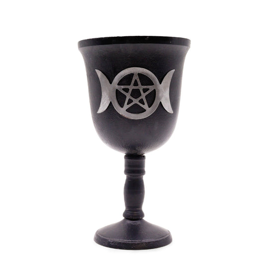 Black goblet with a silver pentacle and moon phases design on a white background