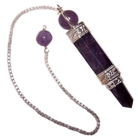 Purple crystal pendulum with silver chain on a white background
