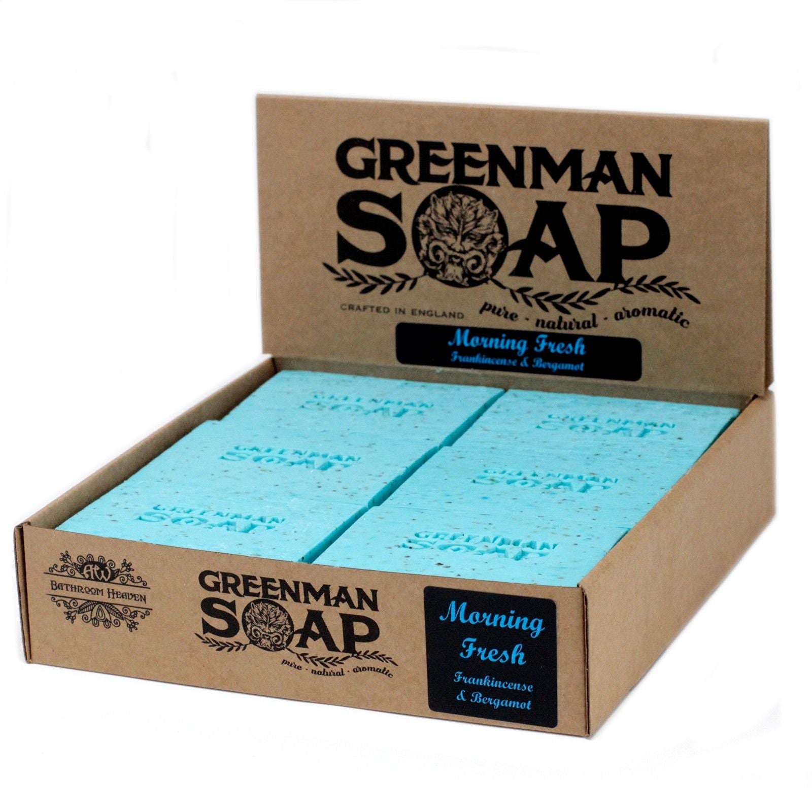 Box of Greenman Soap with blue bars inside on a white background