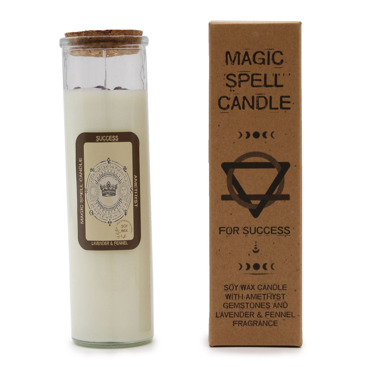Candle in a glass jar with a cork lid next to its packaging box on a white background