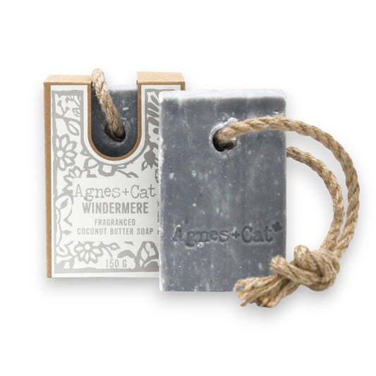 Agnes +Cat "Winermere" soap on a rope also showing the box on a  whie background