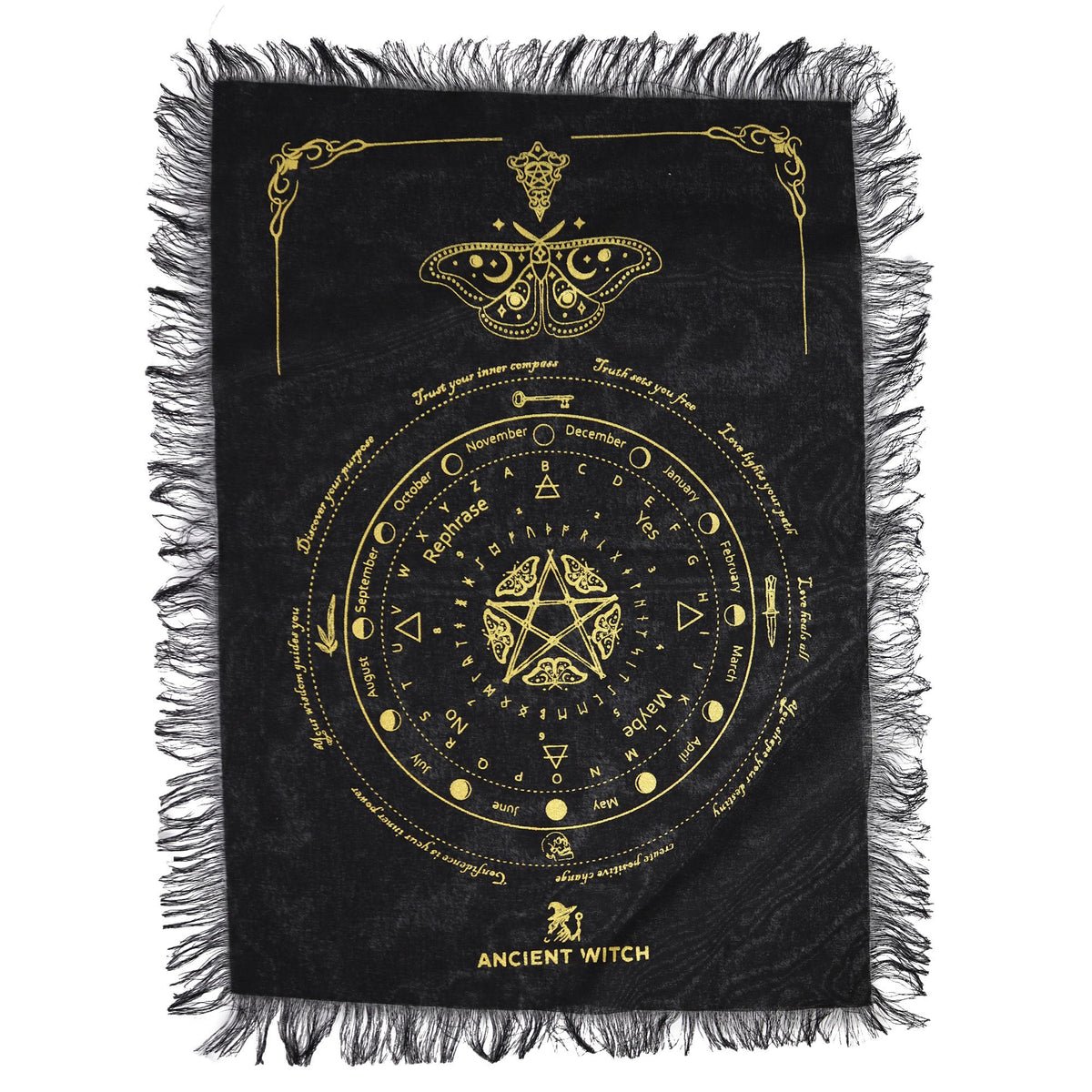 Black divination cloth with gold astrological design and 'Ancient Witch' branding