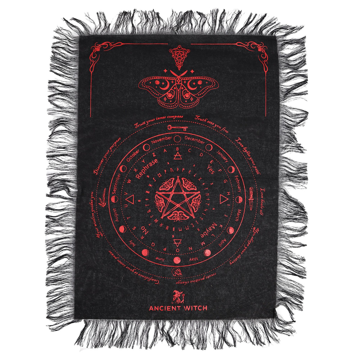 Black divination cloth with red mystical symbols and 'Ancient Witch' branding on a white background 