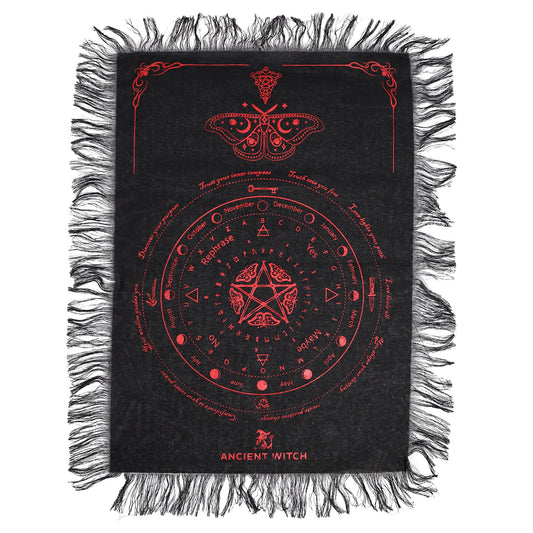 Black divination cloth with red mystical symbols and 'Ancient Witch' branding on a white background 