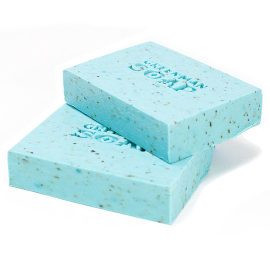 Two blue sponges with 'Green Soap' branding on a white background