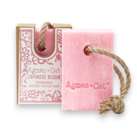 "Japanese Bloom" pink soap on a rope  from Agnes + Cat showing rope and packaging