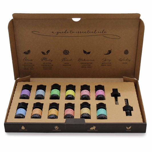 Set of small bottles with colorful caps in a cardboard box