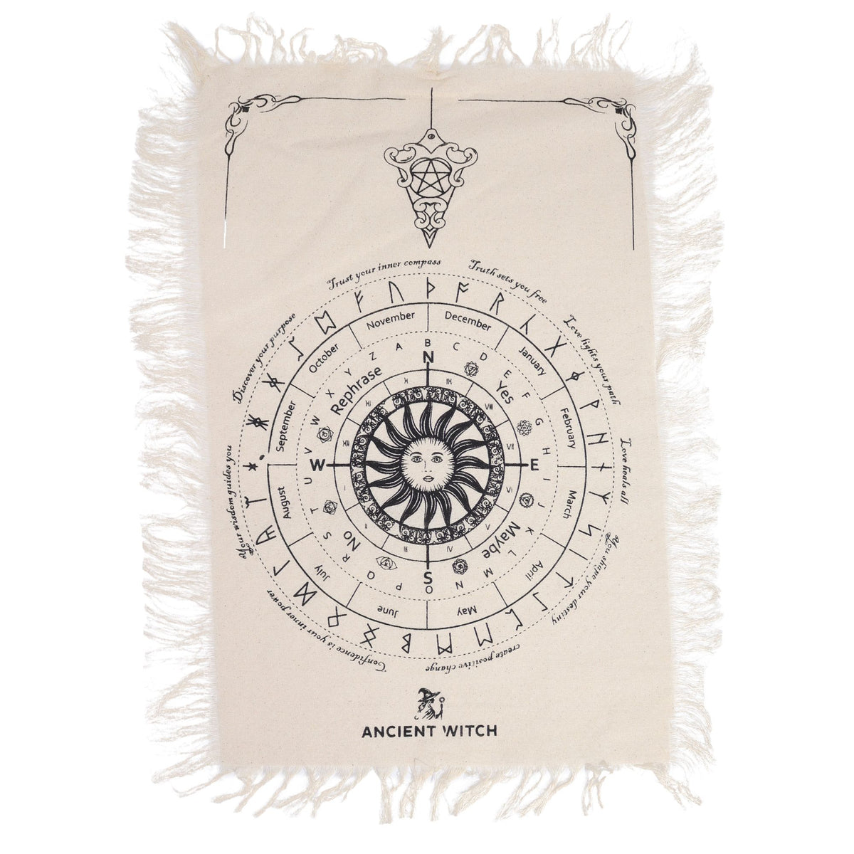 Decorative cloth with astrological design and 'Ancient Witch' branding on a white background