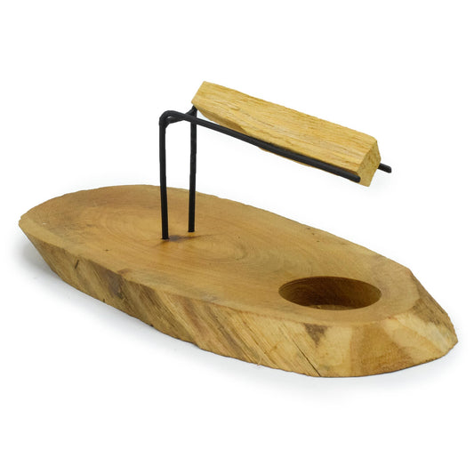 Palo Santo Heater  handcrafted  from White Natural Gamel wood with metal supports holding a Palo Santo stick and an indentation for a tea light