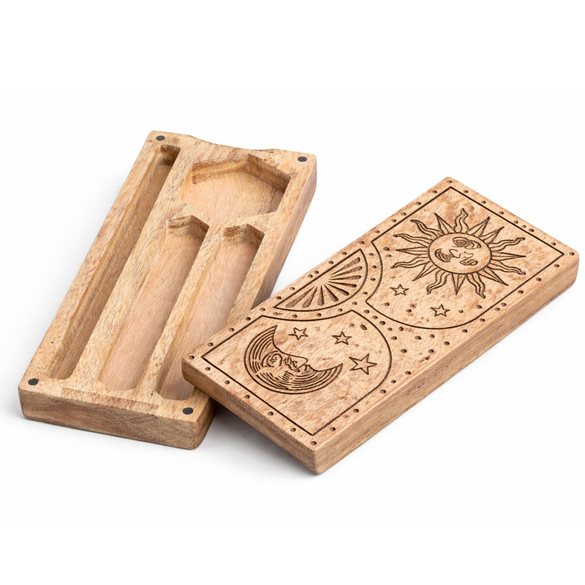 Wooden mold with celestial designs on a white background