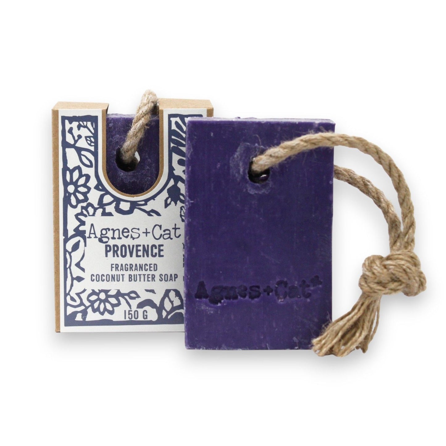 "Provence" amber and musk fragranced purple soap bar with a rope and packaging labelled 'Agnes + Cat' on a white background