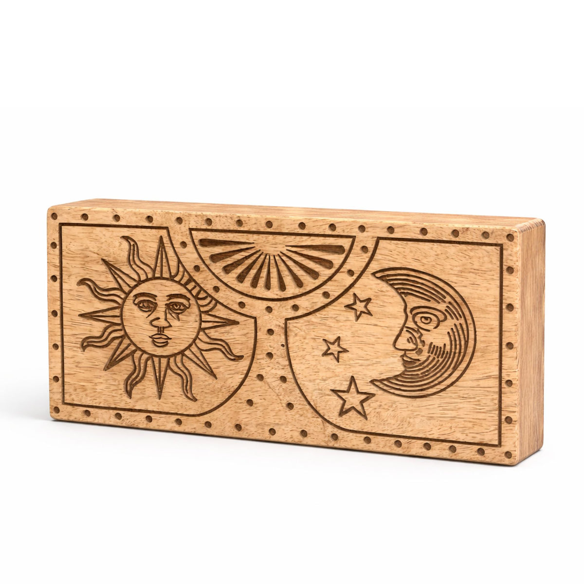 Wooden block with sun and moon designs on a white background