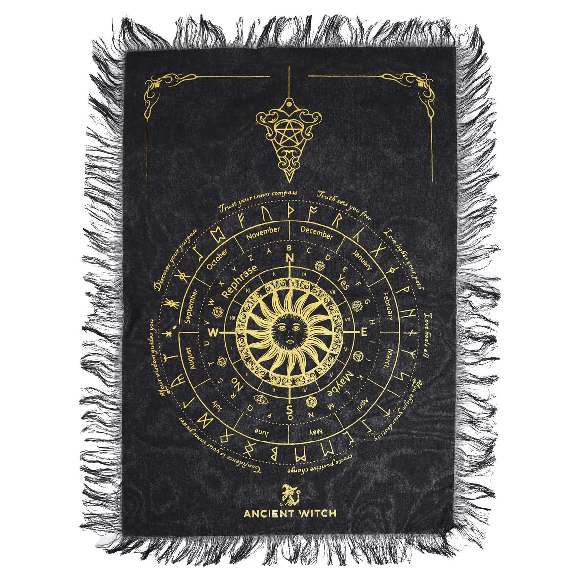 Black divination cloth with gold astrological design and 'Ancient Witch' branding