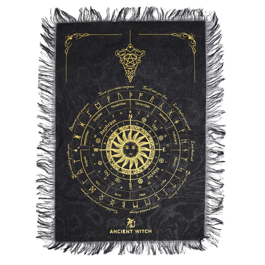 Black divination cloth with gold astrological design and 'Ancient Witch' branding
